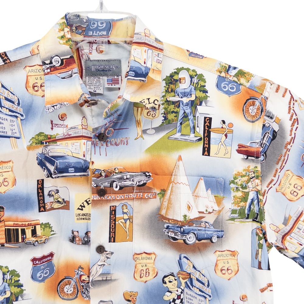 VTG High Seas Trading Co Mens Med Route 66 Mural Camp Shirt All Over Print USA